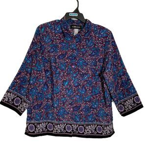 3/$30 Sag Harbor Button Down Blouse Women XL Purple Blue Paisley 3/4 Sleeve